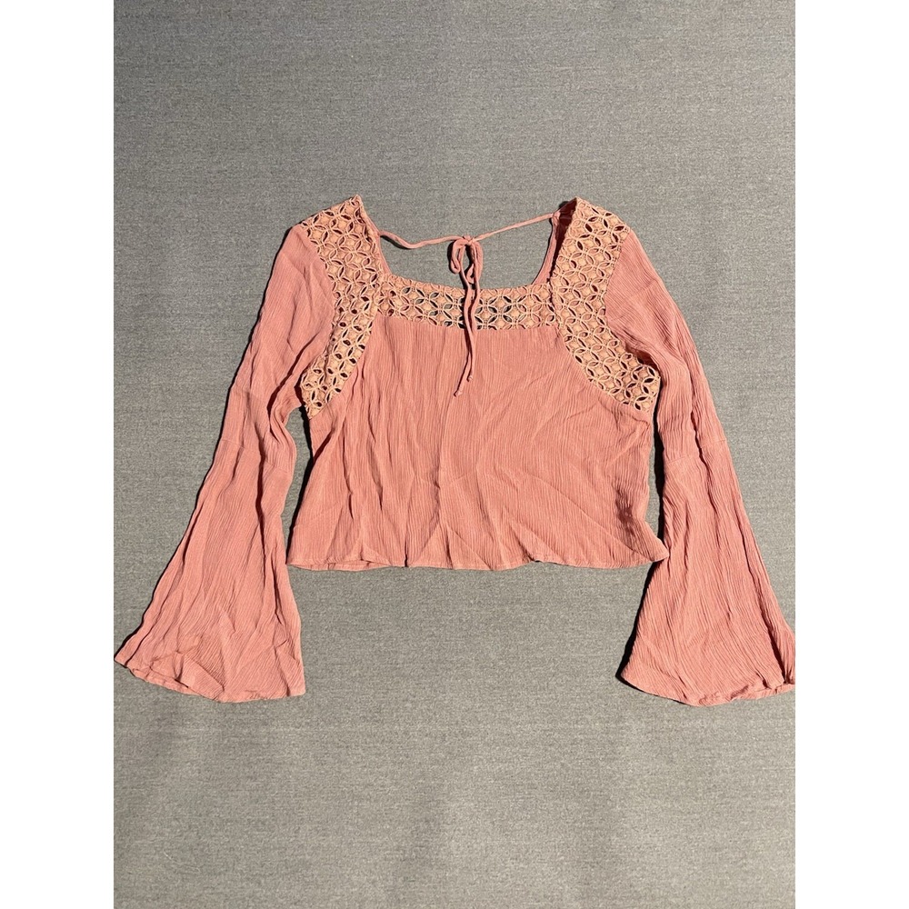Charlotte Russe Pink Boho Crop Top Medium Lace Detail Bell Sleeve
